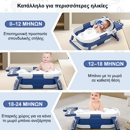 Giggles & Co. Αναδιπλούμενη Μπανιέρα Μωρού με Ενσωματωμένο Ψηφιακό Θερμόμετρο & Μαξιλαράκι (Dark Blue) - Image 5