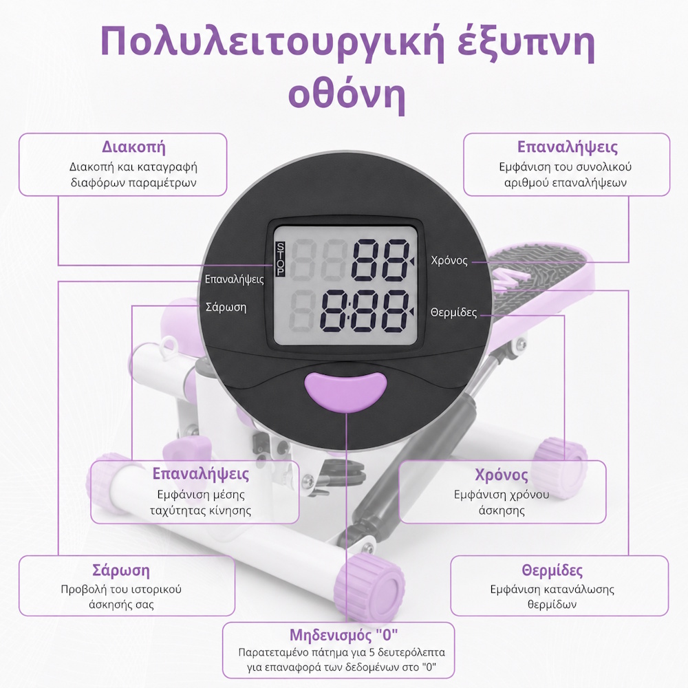 COOWOO CardioRise Stepper με Λάστιχα Εκγύμνασης & Οθόνη - Μωβ - Image 6