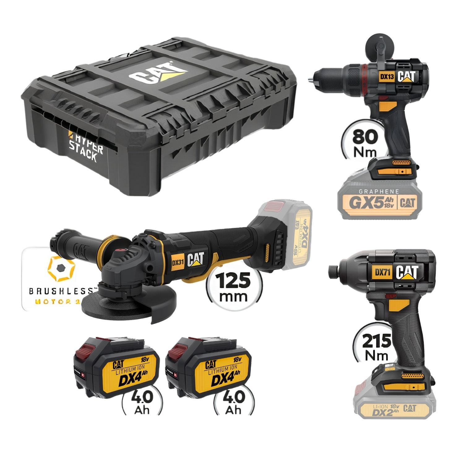 CAT Combo-22 Γωνιακός DX314B, Δράπανο DX13B, Κατσαβίδι DX71B, Εργαλειοθήκη DA41002