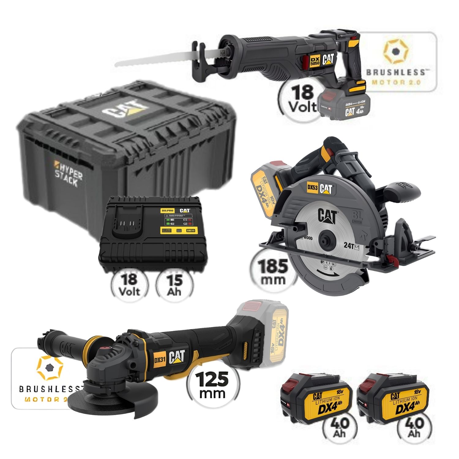 CAT Combo-25 Γωνιακός DX314B, Σπαθόσεγα DX5050B, Δισκοπρίονο DX53B, Εργαλειοθήκη DA41003